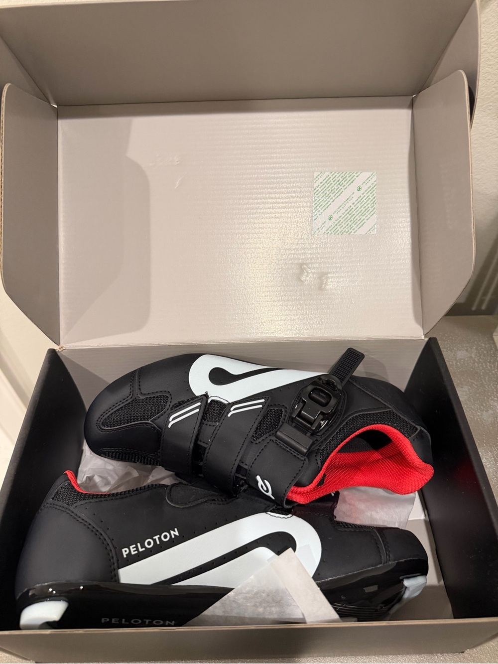 Peloton Black Cycling Shoes with White Accents and Red Lining